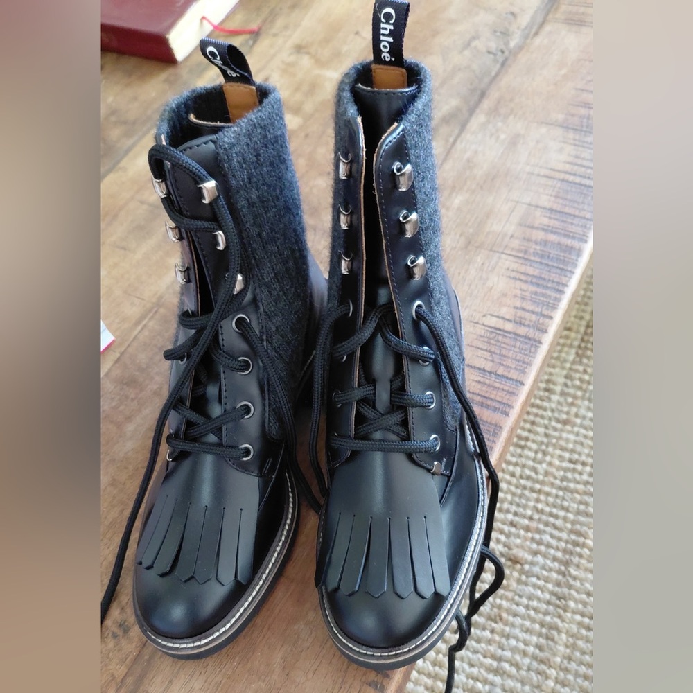 Chloe Franne Ribbed Knit Leather Ankle Boots